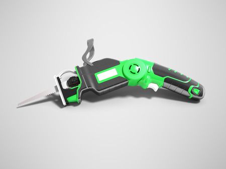 Modern green hacksaw on battery for garden works in summer 3d render on gray background with shadowの写真素材