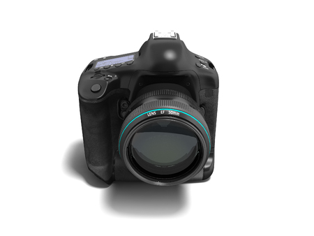 Modern black camera with blue insets isolated in front 3d render on white background with shadowの写真素材