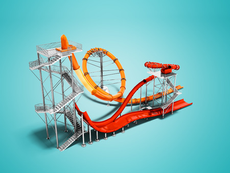 Modern attraction red and orange water slides for the water park perspective 3d render on blue background with shadowの写真素材