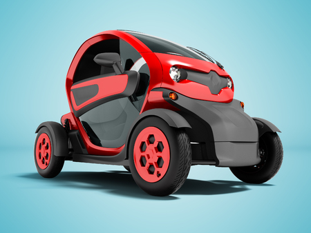 Modern red electric car for city trips to two seats in salon 3D render on blue background with shadowの写真素材