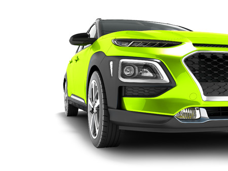 Modern light green car crossover for travel with black insets in front 3d render on white background with shadowの写真素材