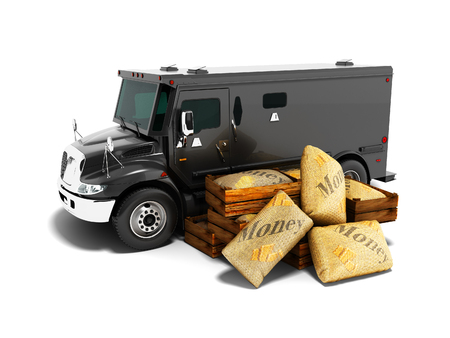Modern black armored truck for carrying money in bags 3d render on white background with shadowの写真素材