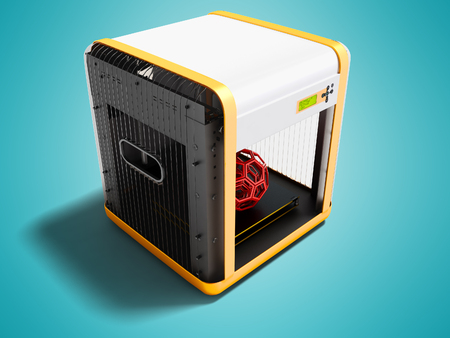 Modern white 3d printer for home use with orange inserts 3D render on blue background with shadowの写真素材
