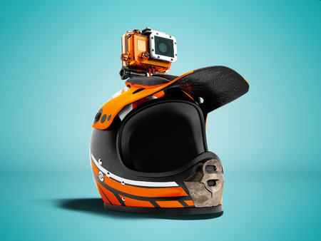 Modern orange motorcycle helmet with orange action camera 3d render on blue background with shadowの写真素材