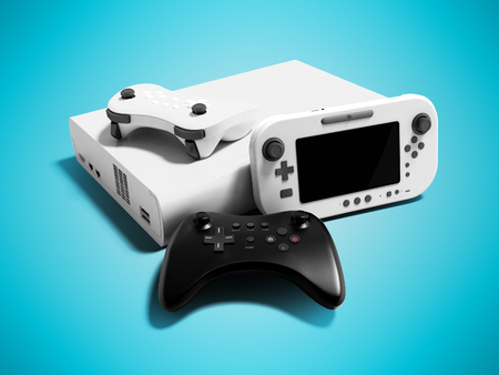 Modern game console white with two dzhostikami and portable game console 3d render on blue...