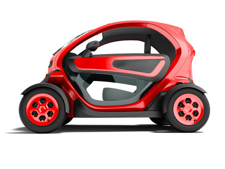 Modern red electric car for city trips on two seats 3d rendering on white background with shadowの写真素材