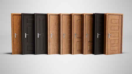 Concept wooden exterior entrance door 3d rendering on gray background with shadowの写真素材