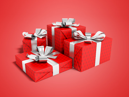 Red four gift tied with silver ribbon 3D render on red background with shadowの写真素材