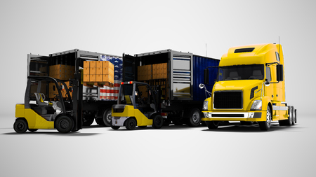 Modern concept of loading and unloading cargo from truck with paper boxes and yellow forklift with pallet, 3d render on gray background with shadowの写真素材