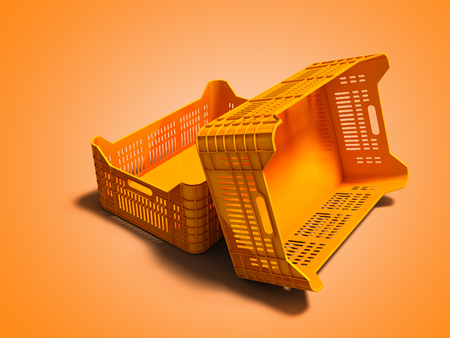 Orange plastic two boxes of empty perspective look 3d render on orange background with shadowの写真素材