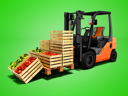 Loading and unloading ripe apples in wooden boxes with orange forklift 3d rendering on green background with shadowの写真素材