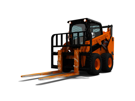 Modern orange forklift loader with scuffs on the case 3d render on white background with shadow