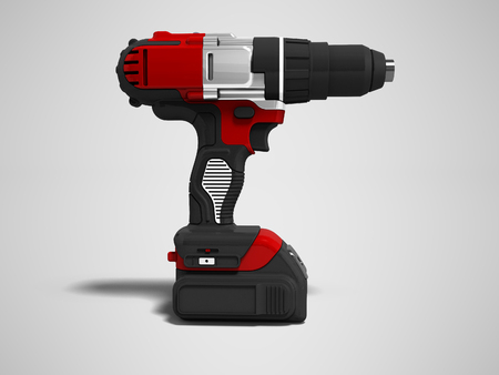 Modern red cordless drill with rechargeable battery side view 3d render on gray background with shadowの写真素材