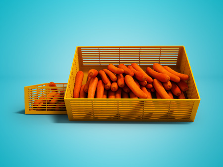 Two plastic boxes with carrot 3d render on blue background with shadowの写真素材