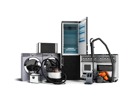 Household appliances group of vacuum cleaners refrigerator microwave washing machine washing machine gas stove 3d render on a white background with shadowの写真素材