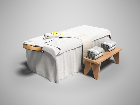Modern white massage bed with folded towels left view 3d render on gray background with shadowの写真素材