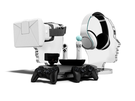 Modern concept of gaming consoles headphones virtual reality glasses portable joysticks 3d render on...