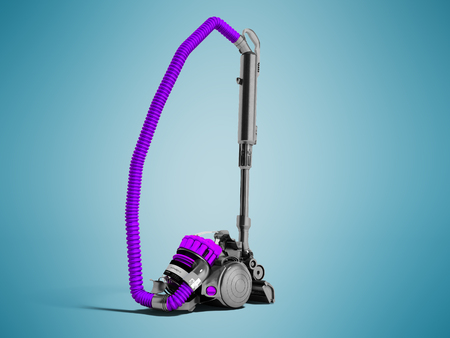 Modern violet vacuum cleaner with cyclone filter with black inserts 3D render on blue background with shadowsの写真素材