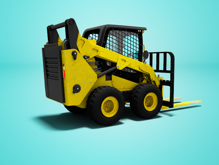 Forklift yellow with scuffs for loading 3d render on blue background with shadowの写真素材