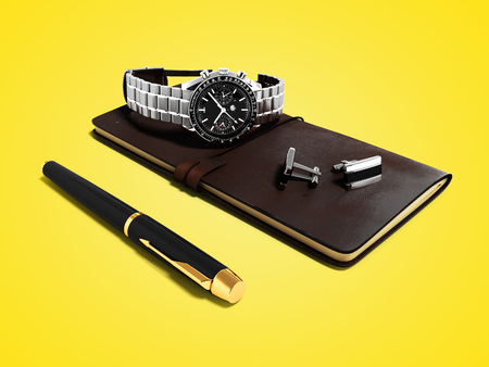 Modern business set notepad diary ballpoint pen wristwatches and cufflinks on shirt 3d render on yellow background with shadowの写真素材