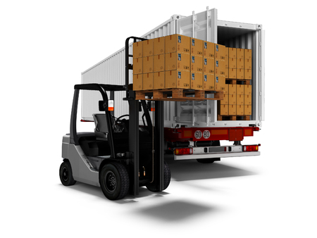 Modern loading of goods on pallets with forklift in white trailer 3d render on white background with shadowの写真素材
