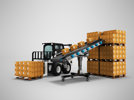 Forklift loading goods on pallets for warehouse 3d render on gray background with shadow