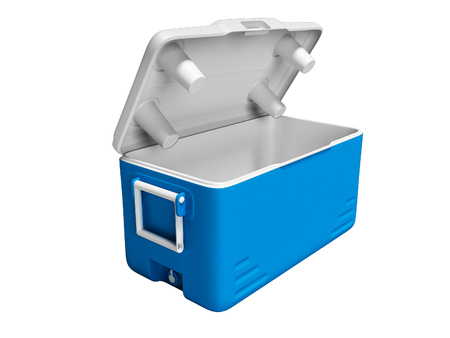 Blue fridge portable open for cooling for drinks isolated 3d render on white background no shadowの写真素材