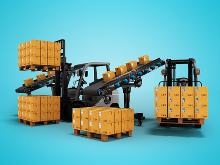 Transportation and unloading of goods by forklifts 3d render on blue background with shadowの写真素材