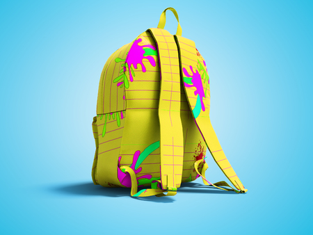 Yellow school backpack with color blots back view 3d render on blue background with shadowの写真素材