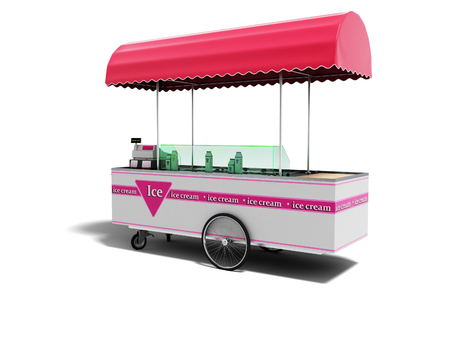 Red portable store with ice cream isolated 3d render on white background with shadowの写真素材
