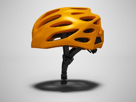 Orange bicycle helmet left view 3d render on gray background with shadowの写真素材