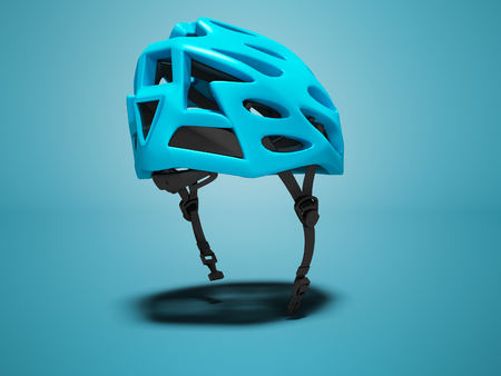 Cycling blue helmet for cyclist 3d render on blue background with shadowの写真素材