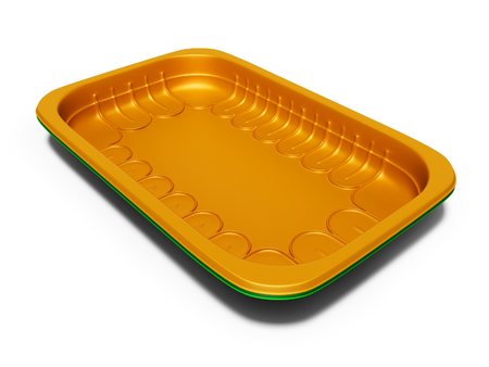 Modern two kitchen plastic trays of different colors 3d render on white background with shadowの写真素材