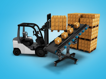 Modern unloading of goods by forklift in paper boxes 3d render on blue background with shadowの写真素材
