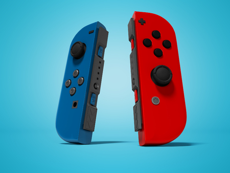 Blue red wireless gamepad for tablet or phone 3d render on blue background with shadow