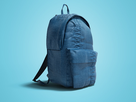 Modern blue backpack with cloth for teenager 3d render on blue background with shadow