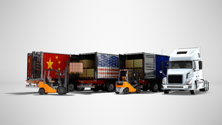 Modern concept of loading goods in trailer for transporting dump trucks 3d render on gray background with shadowの写真素材