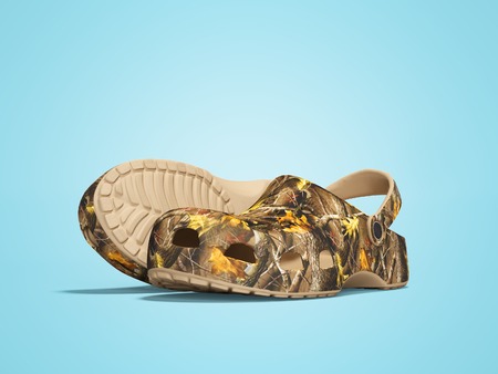Beige rubber slippers pair with texture leaves 3d render on blue background with shadow