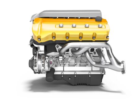 Car engine cast iron yellow with starter left view 3d render on white background with shadowの写真素材
