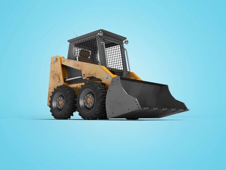 Orange diesel loader with front bucket 3d render on blue background with shadowの写真素材