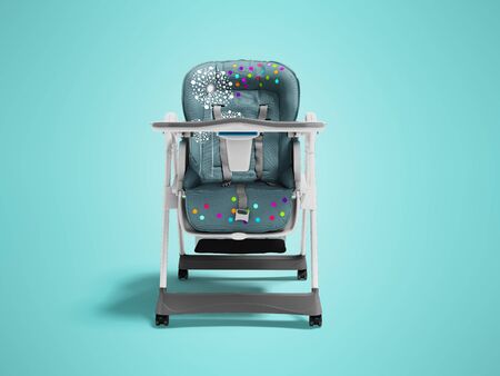 Blue highchair for feeding child with soft bedding and niche for things with table 3d render on blue background with shadowの写真素材