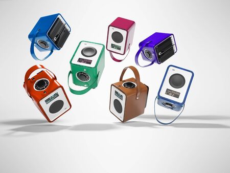 Concept group portable radio dancing in leather upholstery of different colors 3d render illustration on gray background with shadowの写真素材