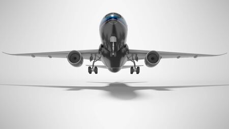 Concept turbojet aircraft rises to take off 3d render on gray background with shadowの写真素材