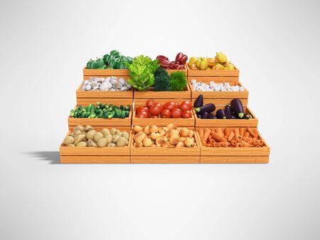 Set of vegetables for sale in wooden boxes 3d render illustration on gray background with shadowの写真素材
