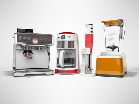 Concept group of household appliances for the kitchen rozhkovy coffee machine coffee maker blender 3d render illustration on gray background with shadowの写真素材