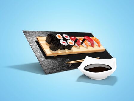 Presentation of sushi on wooden tableware with soy sauce 3d render illustration on blue background with shadowの写真素材
