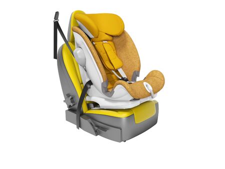 Orange baby car seat with isofix on yellow car seat 3d render on white background no shadowの写真素材