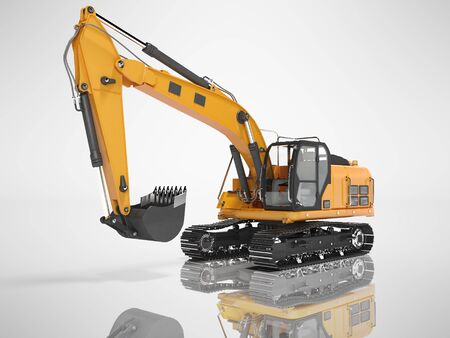 Construction equipment one bucket excavator with hydraulic mechpatoy on metal driven tracked 3d render on gray background with shadowの写真素材
