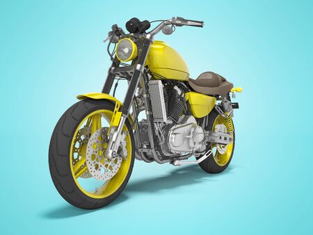 Yellow motorbike on two places front view 3d render on blue background with shadowの写真素材