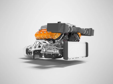 Car engine for eight cylinders red assembled with air filters collector and gearbox radiator 3d...